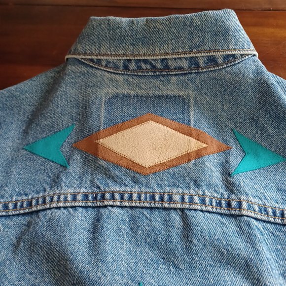Vtg 90's Levi's Jacket, 70507-0389 Leather Applique, Southwest, Tribal, USA, M - Picture 5 of 15